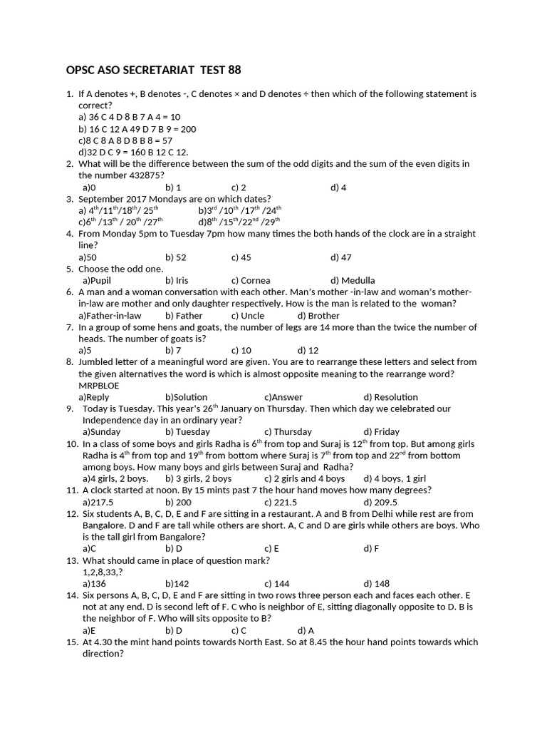 OPSC ASO Secretariat Test 88 Questions | PDF