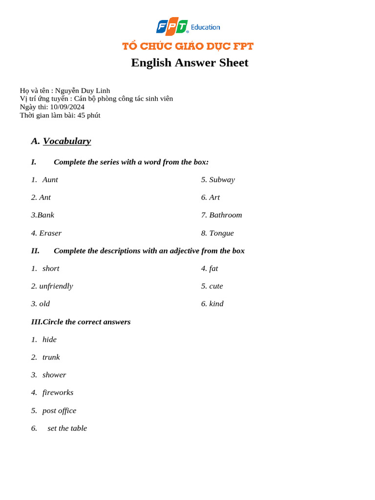 English Test Answer Sheet Template | PDF