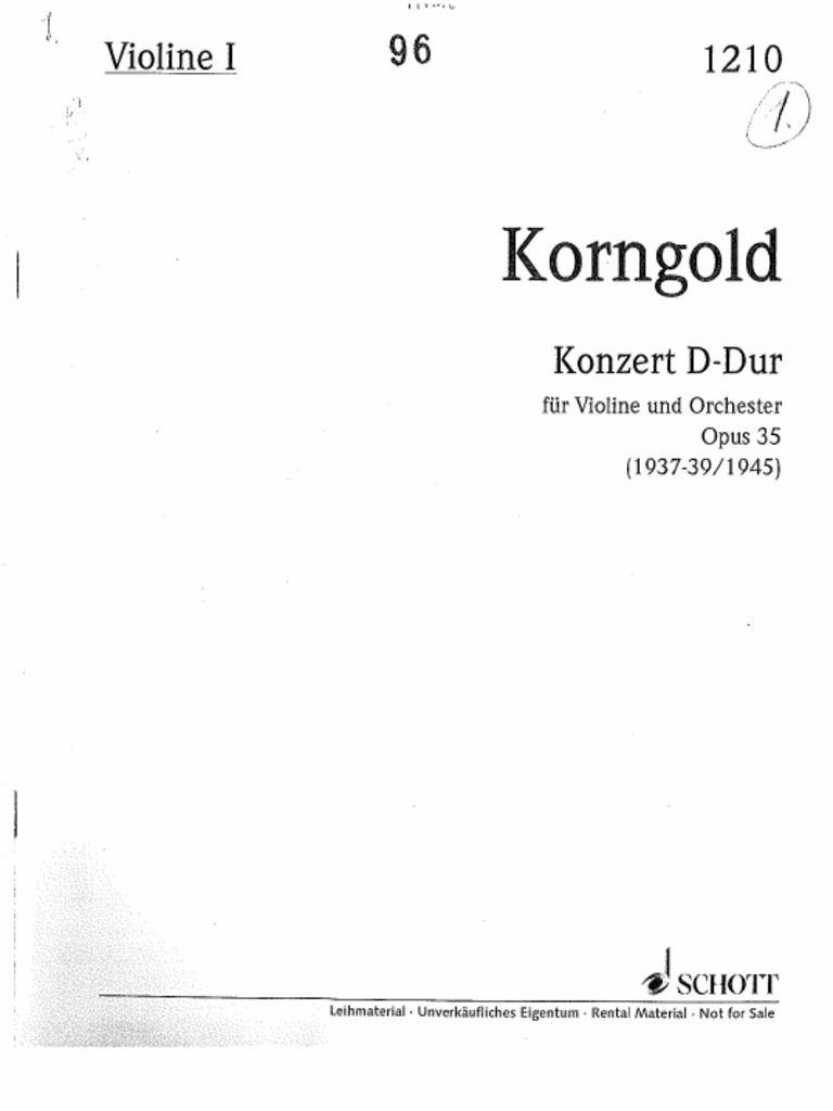 Korngold Violin Concerto sheet music for Violin 1, orchestral part in an advanced notation layout.