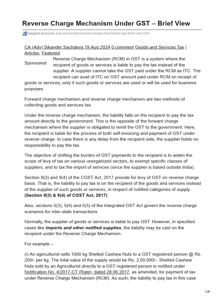 taxguru.in-Reverse Charge Mechanism Under GST Brief View | PDF | Value ...