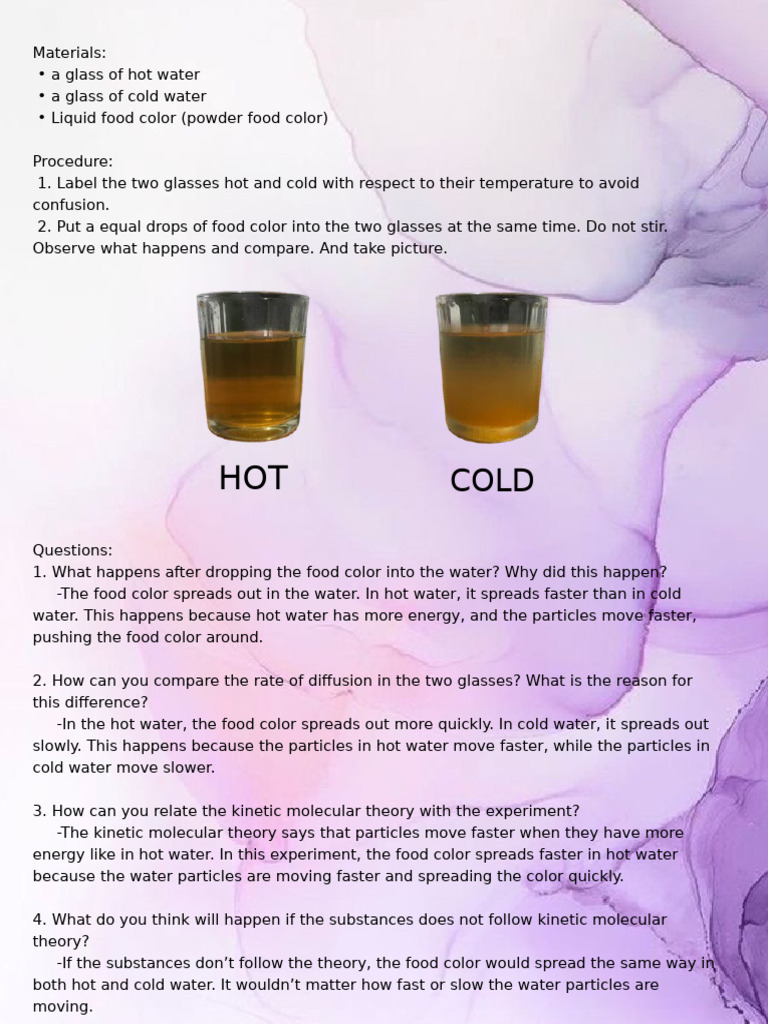 Food Coloring Diffusion: Hot vs Cold Water | PDF