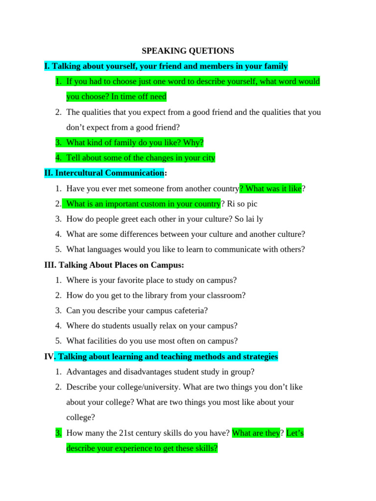 Speaking Questions for Exam Preparation | PDF | Grammar | Vocabulary