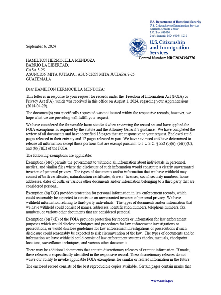 FOIA Response and Exemptions Summary | PDF | Freedom Of Information Act ...