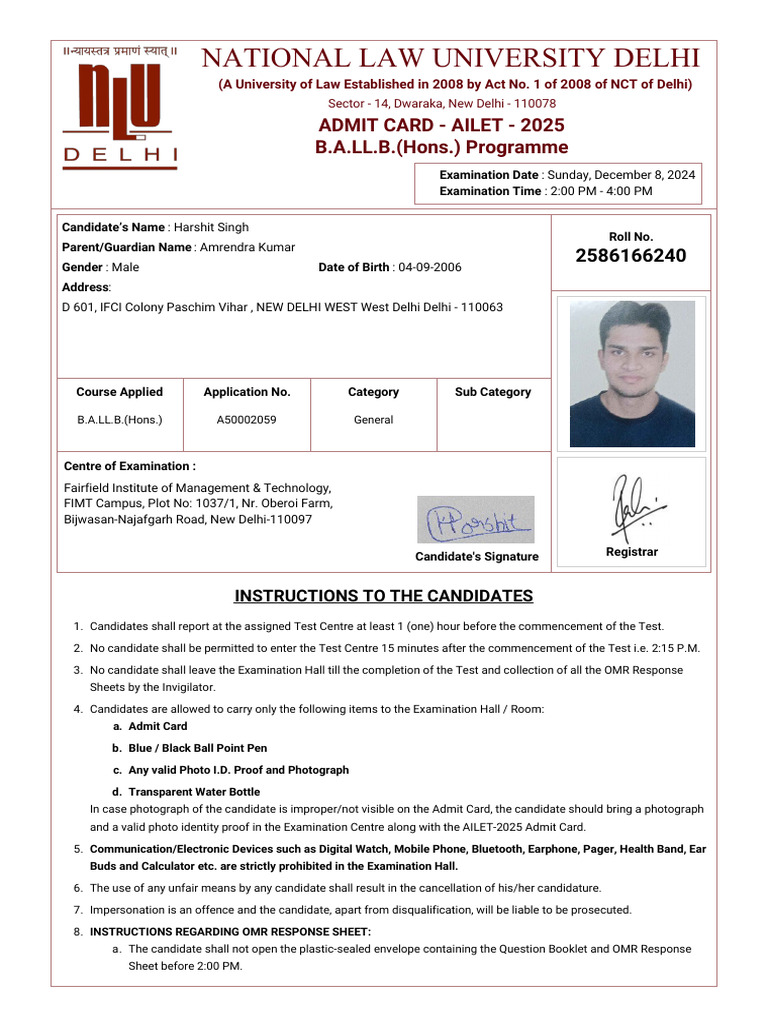 AILET 2025 Admit Card Instructions | PDF