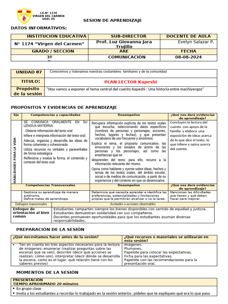 Sesión Plan Lector Jueves 08 de Agosto | PDF | Aprendizaje | Enseñando