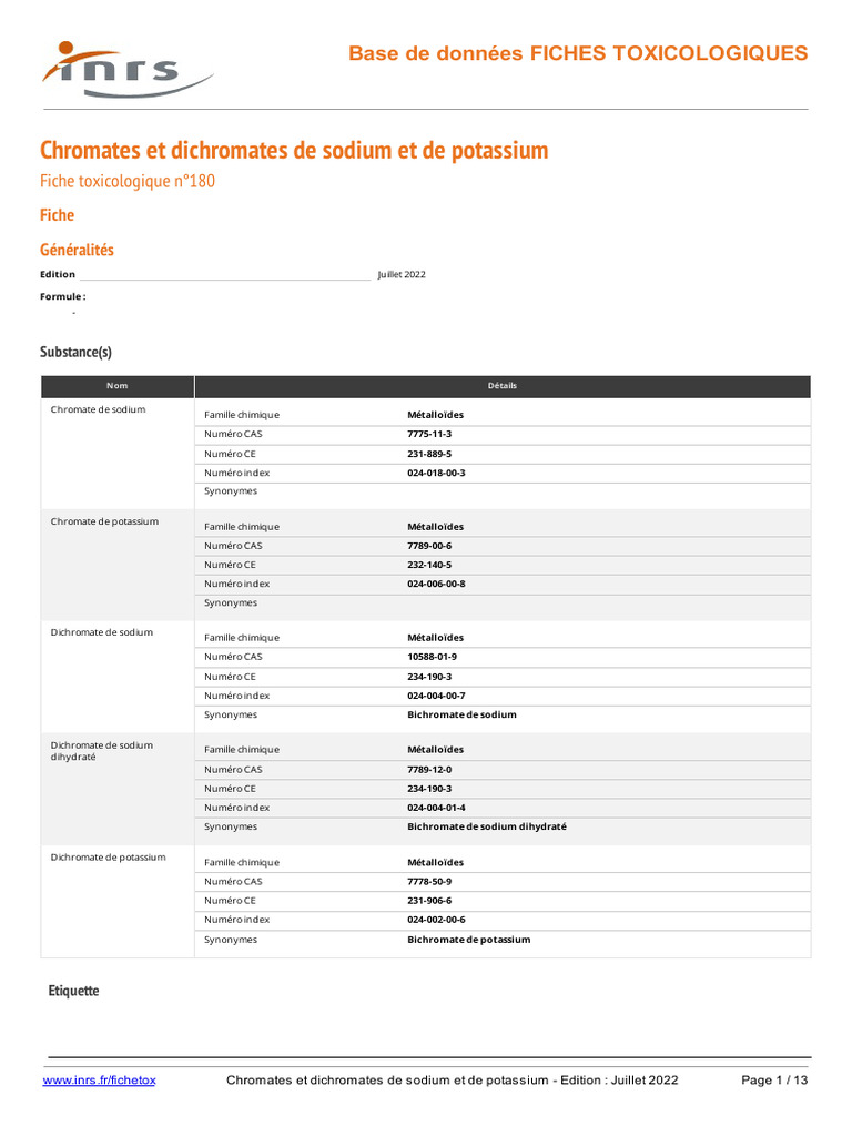 Fiche toxicologique : Chromates et dichromates | PDF | Chrome | Toxicologie