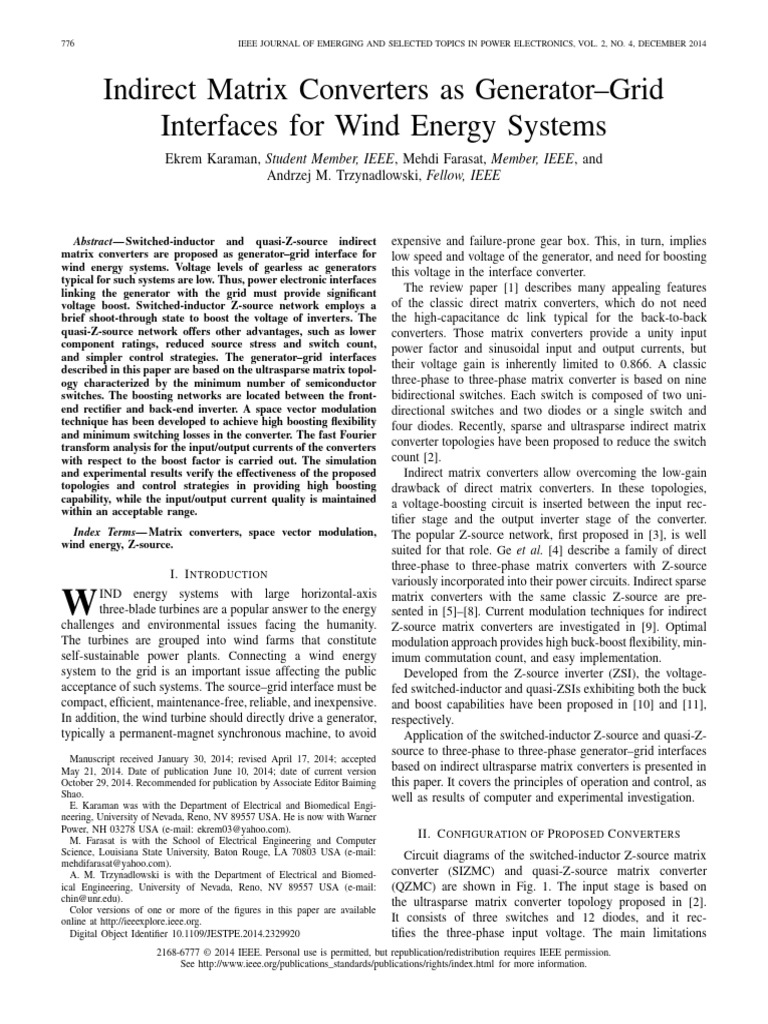 Indirect matrix converters as generator grid interfaces for wind energy