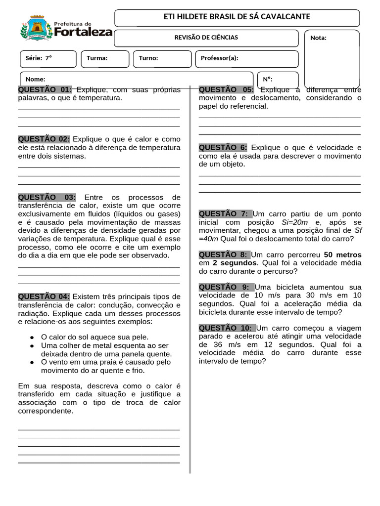 Revisão de Ciências - 7 Ano | PDF | Calor | Temperatura
