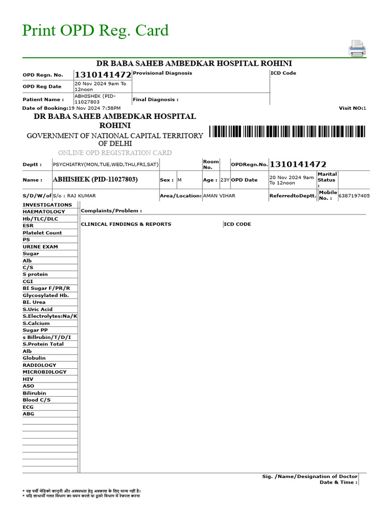 Online OPD Registration Card - Psychiatry | PDF | Hematology | Clinical ...