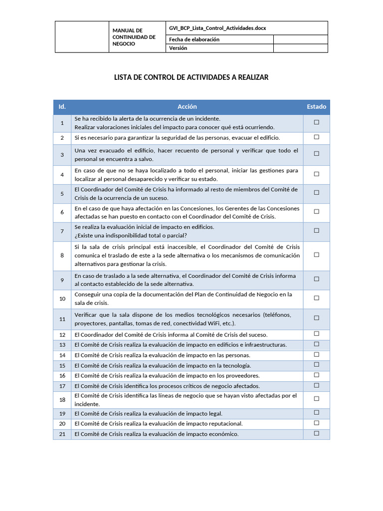 Lista de Control para Continuidad de Negocio | PDF