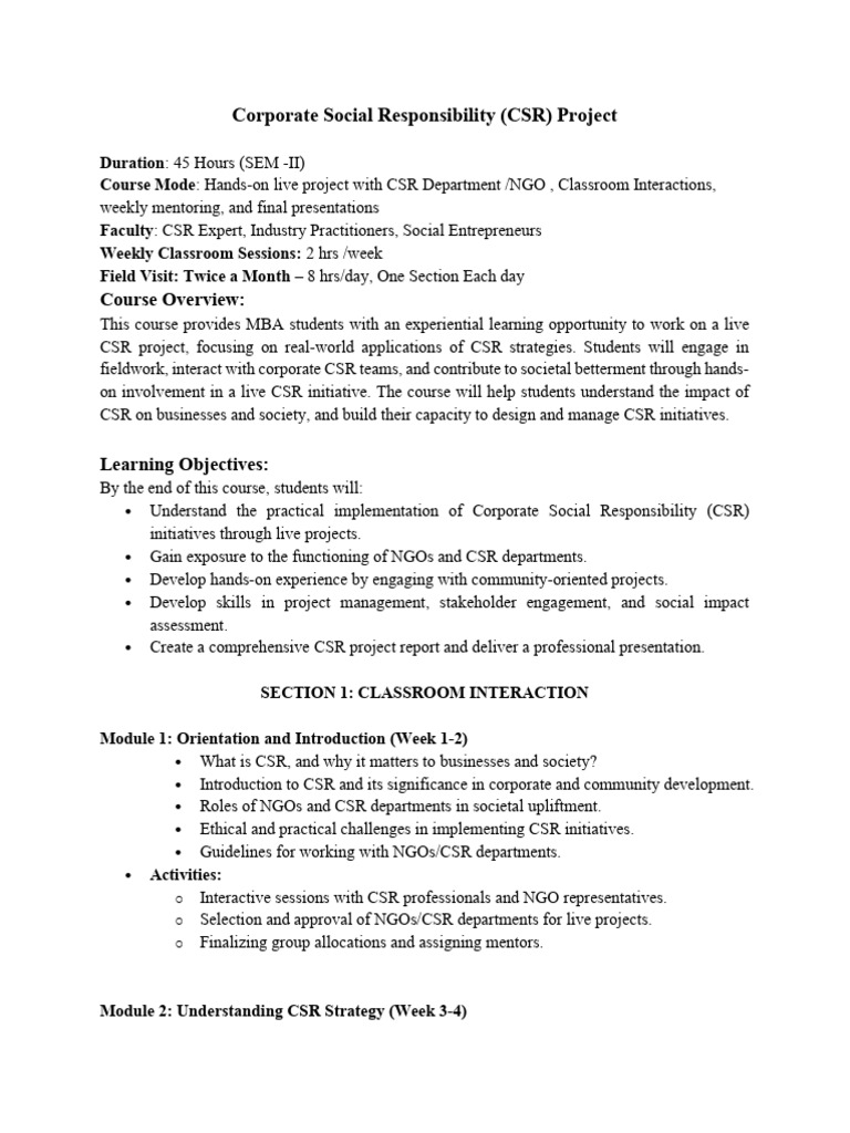 MBA CSR Project: Hands-On Learning | PDF | Corporate Social ...