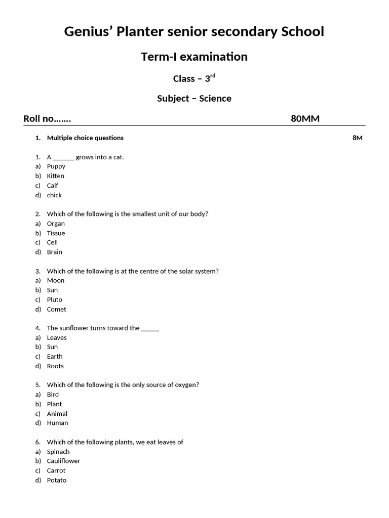 Class 3 Subject Science Term 1 2024 Pdf Foods Leaf