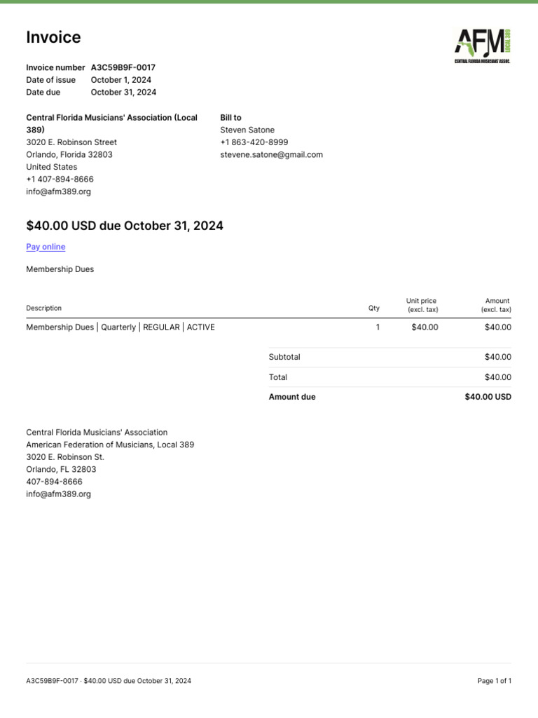 Central Florida Musicians' Invoice $40 | PDF