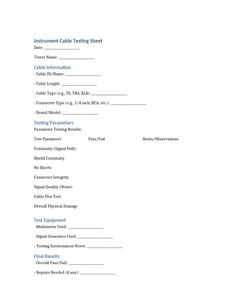 Instrument Cable Testing Sheet | PDF