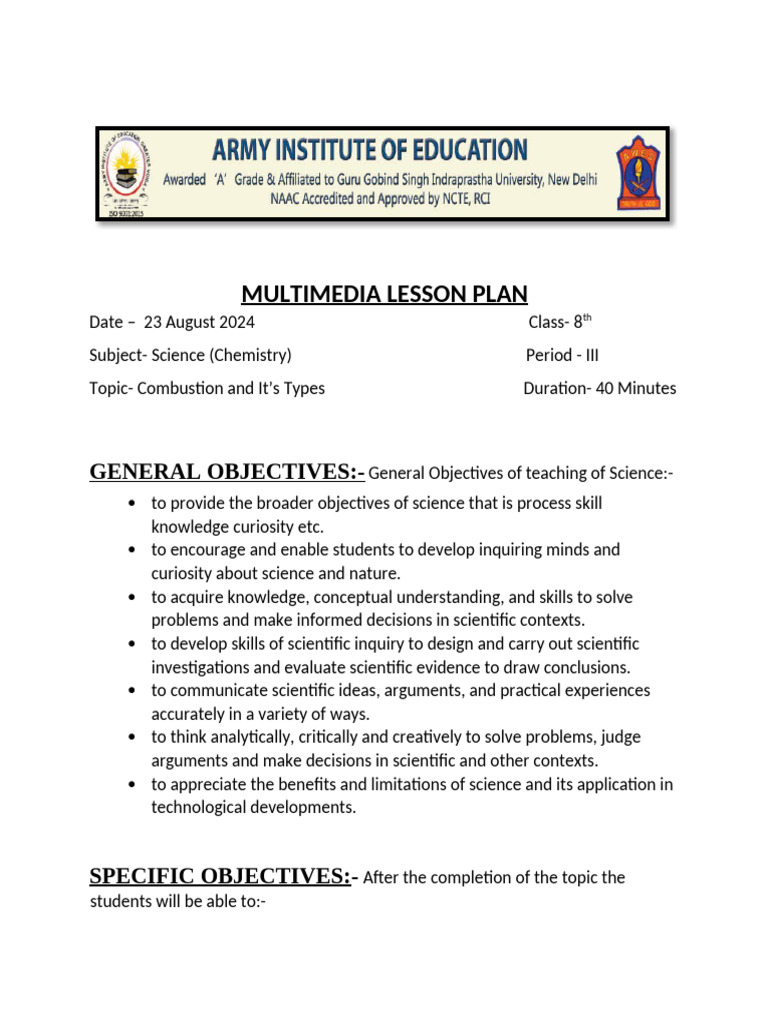 Multimedia Lesson Plan: Combustion Types | PDF | Combustion | Explosion