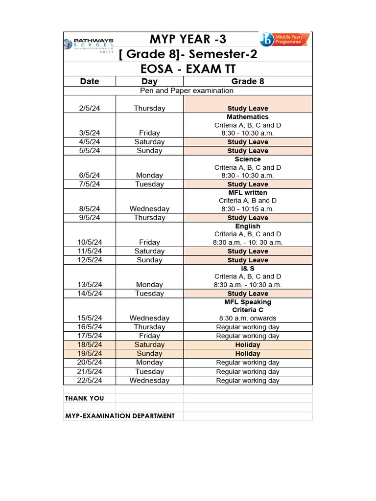 Grade 8 MYP Year 3 Exam Schedule | PDF