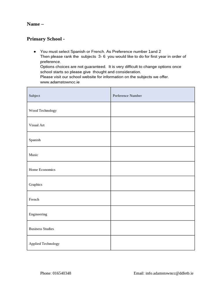 Subject Selection Form | PDF