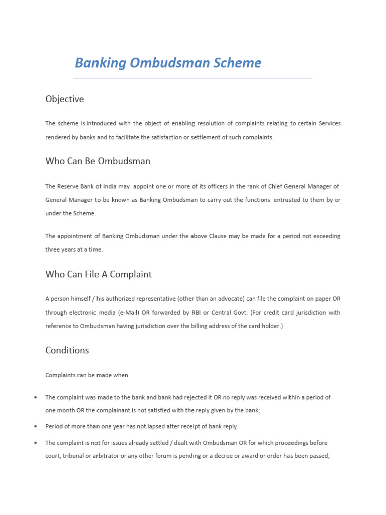 Banking Ombudsman Scheme 2006 As Amended In 2017