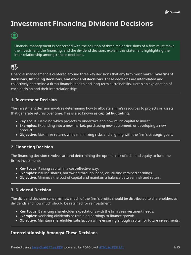 Investment Financing Dividend Decisions Pdf Net Present Value