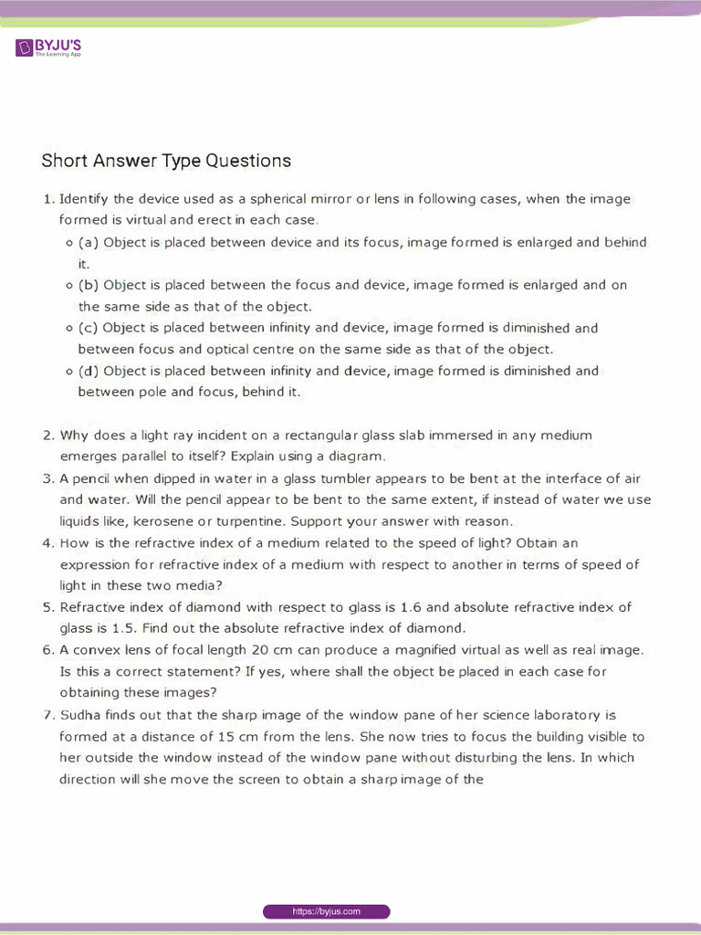 Class 10 Light Reflection & Refraction Q&A | PDF