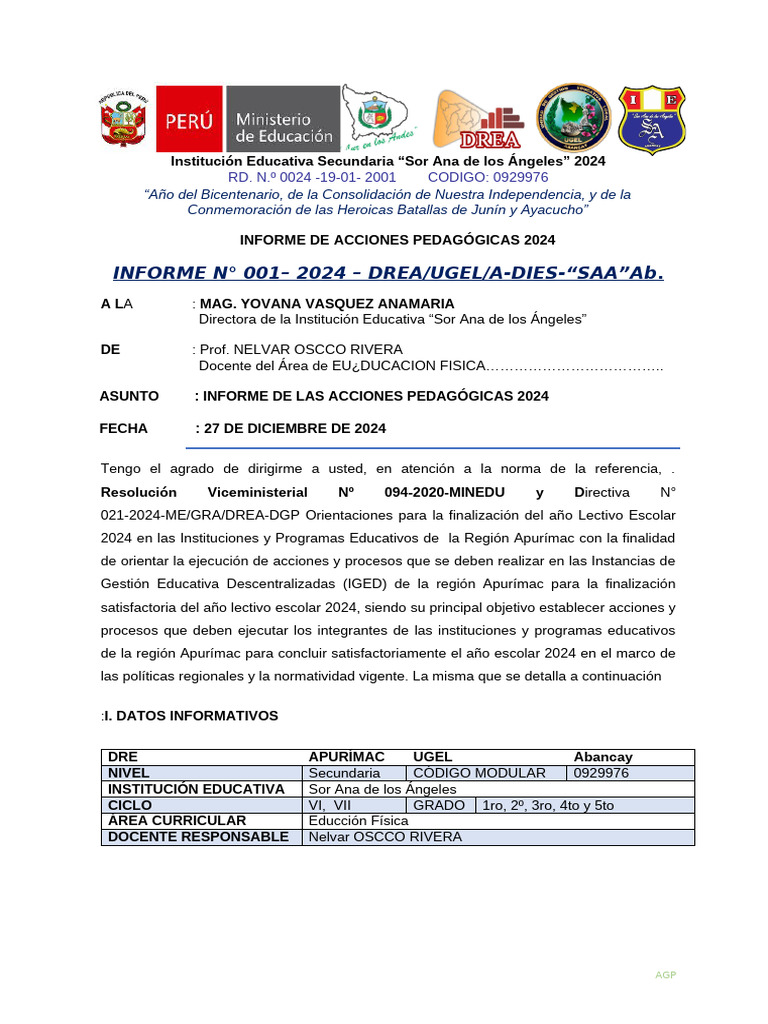 Informe Pedagógico 2024 - I.E. Sor Ana | PDF | Evaluación | Aprendizaje