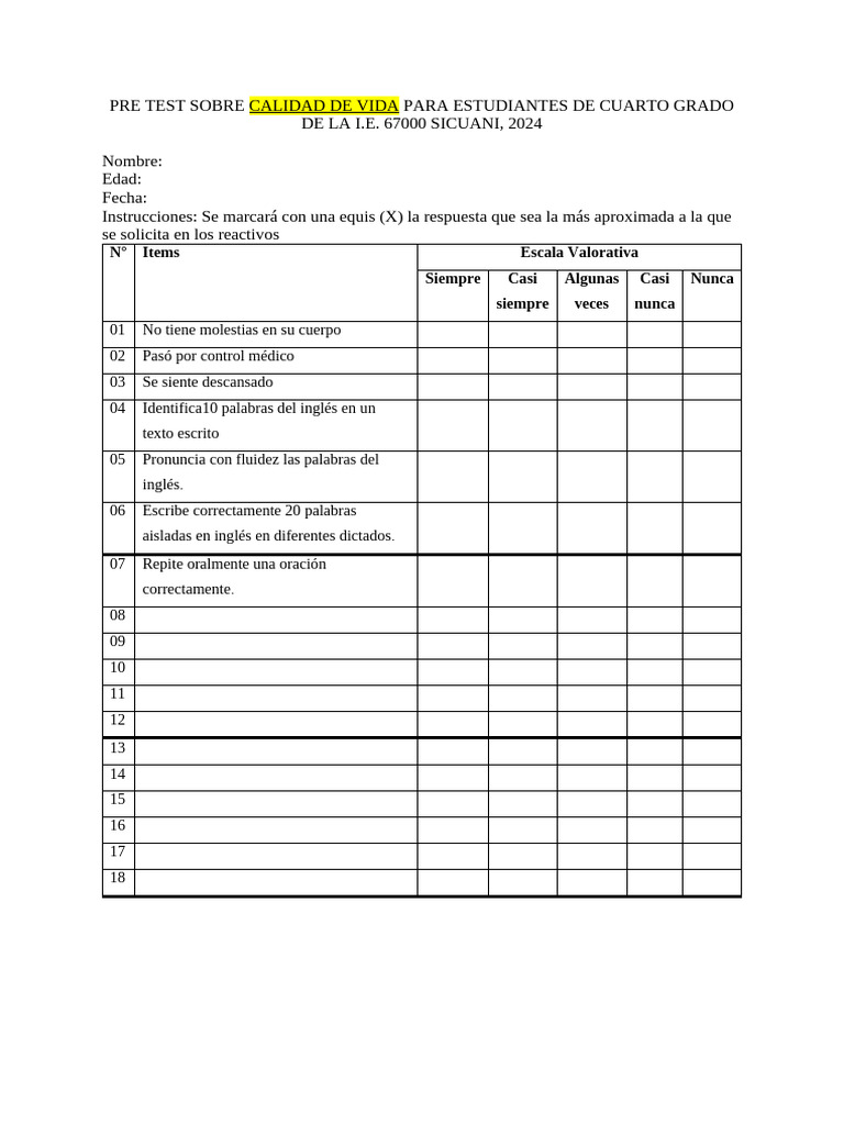 Calidad de Vida en 4to Grado | PDF