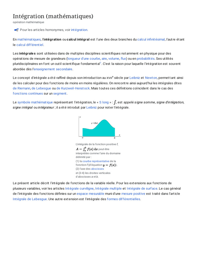 Intégration (Mathématiques) Wikipédia PDF Intégral Intégrale de — free download