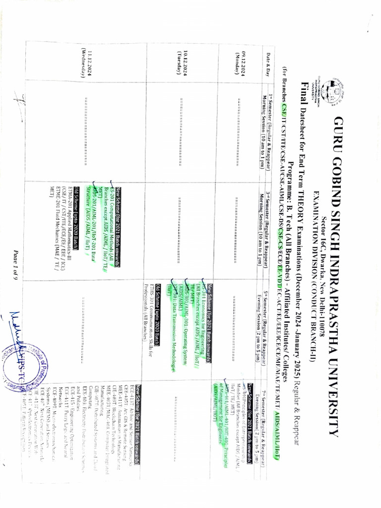 Final Datesheet For End Term Examination Dec. 2024 | PDF | Engineering ...