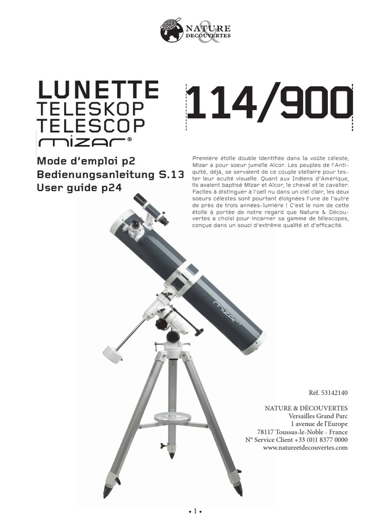 Guide d'utilisation du télescope Mizar 114/900 PDF Télescope — free download