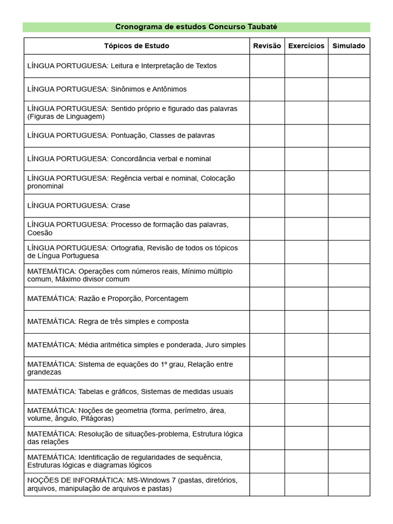 Cronograma de Estudos para Concurso Taubaté | PDF | Enfermagem | Matemática