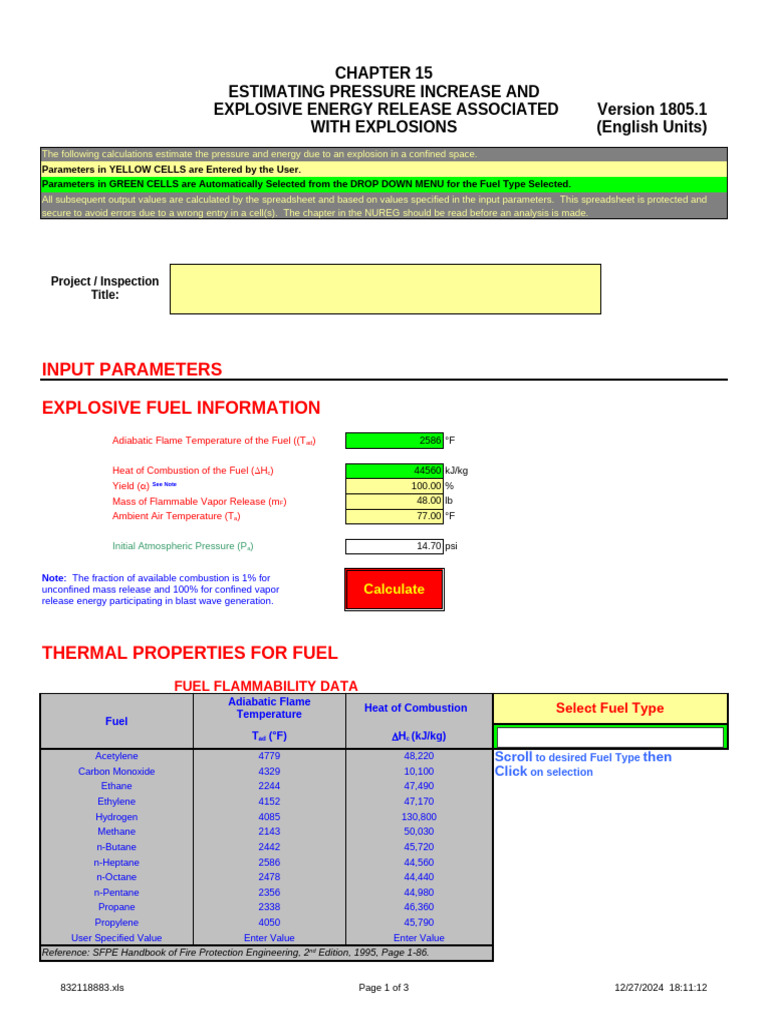 Explosion Pressure and Energy Estimation | PDF | Combustion | Fuels