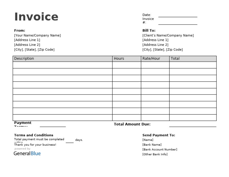 Simple Freelance Hourly Invoice Template | PDF