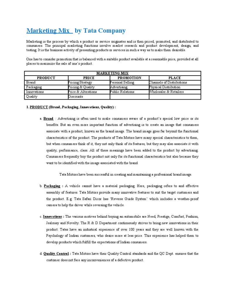 Tata Motors Marketing Mix Strategy | PDF | Brand | Sales