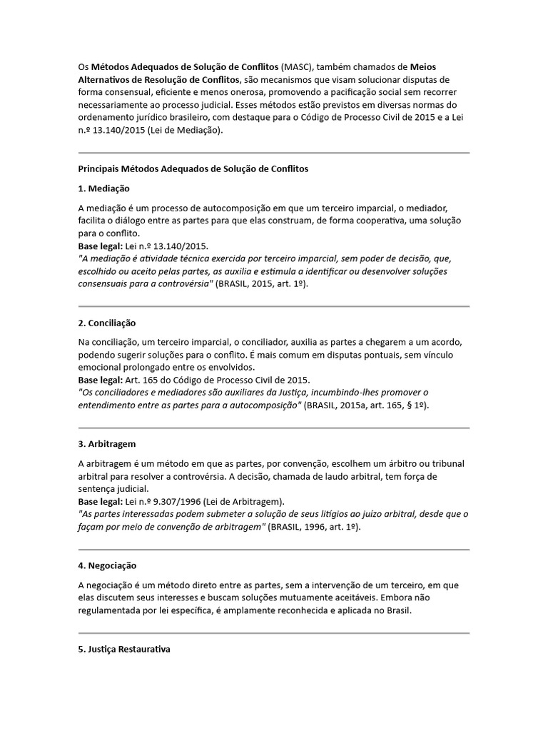 Os Métodos Adequados De Solução De Conflitos Pdf Mediação Arbitragem