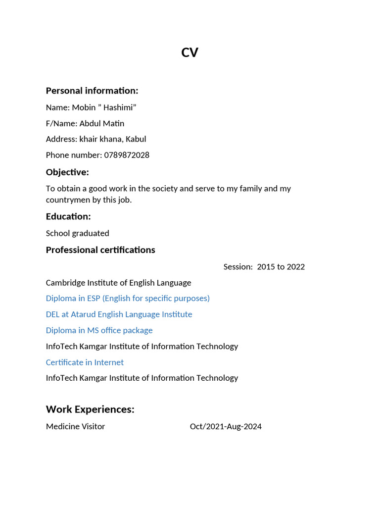 Mobin Hashimi's Professional CV | PDF