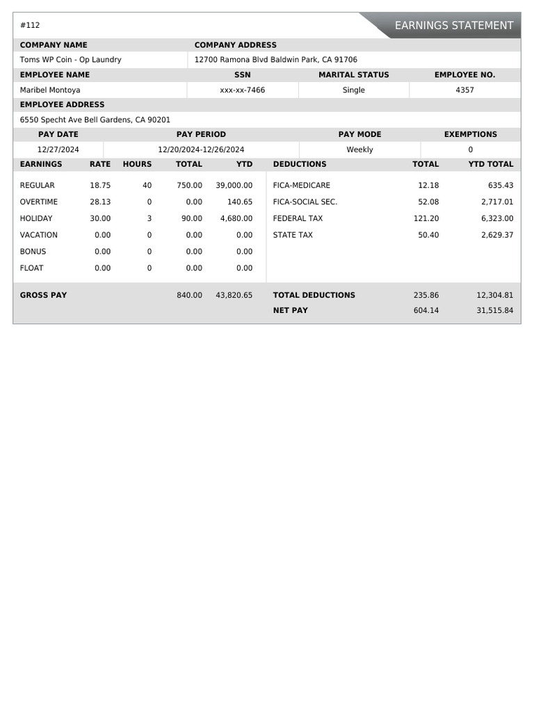 Weekly Earning Statement for Maribel Montoya | PDF