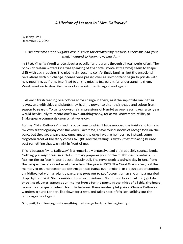 A Lifetime of Lessons in PDF Mrs Dalloway Virginia Woolf