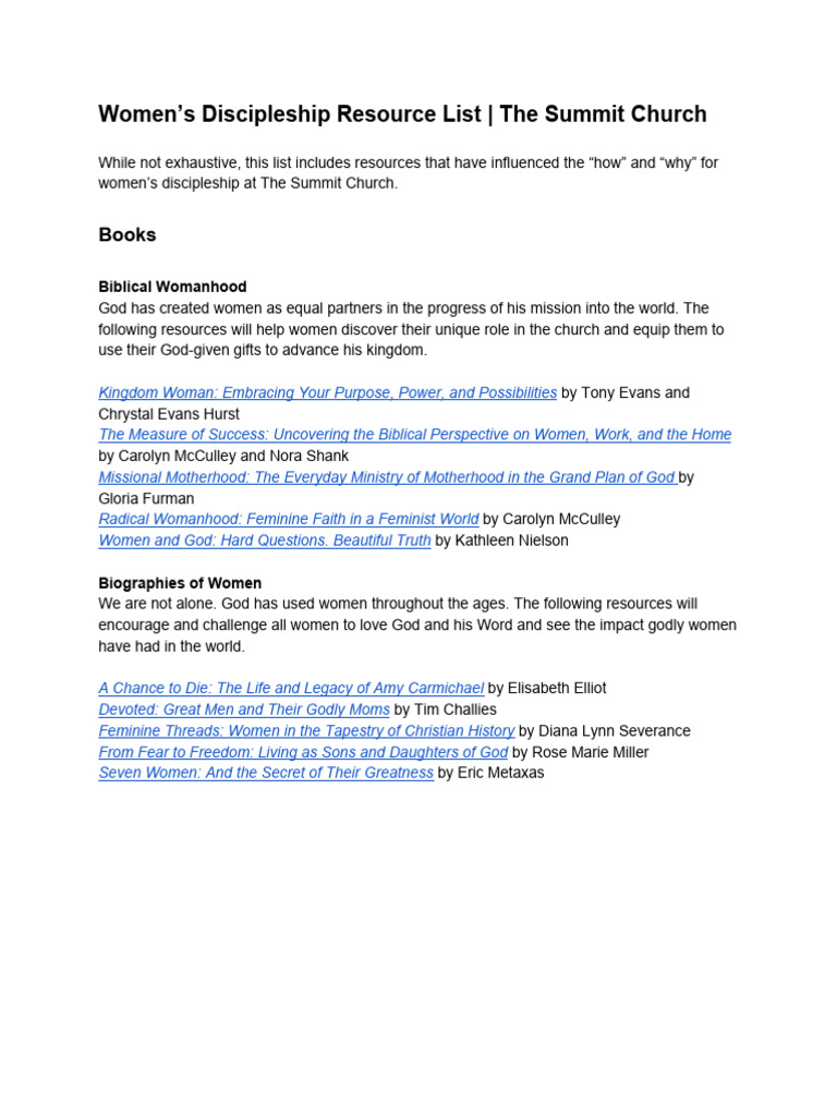 2018 Womens Ministry Discipleship Resources | PDF | Disciple ...