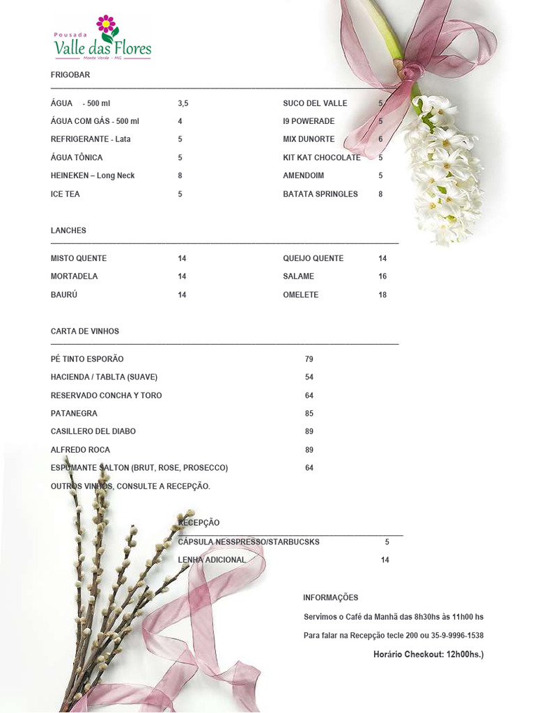 Cardápio do Frigobar do Hotel | PDF