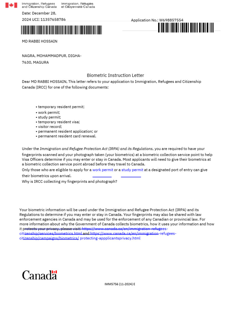 Biometric Instruction for MD Rabbi Hossain | PDF | Immigration | Human ...