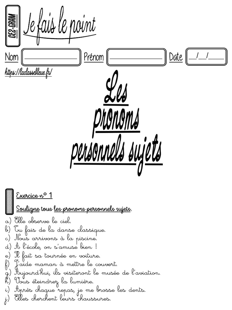 Exercices sur les pronoms personnels CE2 | PDF | Nombre grammatical ...
