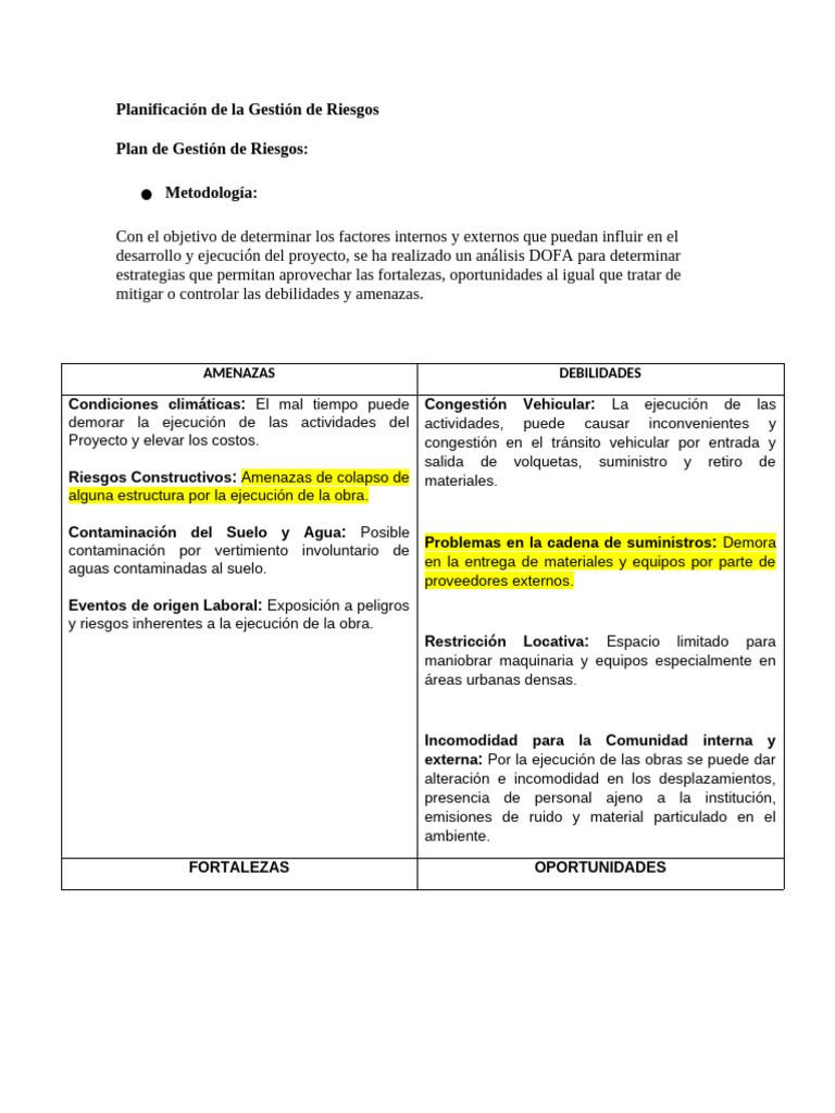 Plan De Gestión De Riesgos En Construcción Pdf Contaminación
