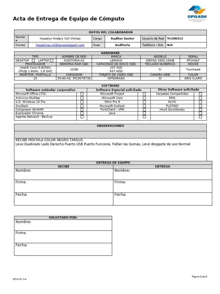 Acta de Entrega de Laptop Lenovo | PDF | Ordenador portátil | Microsoft