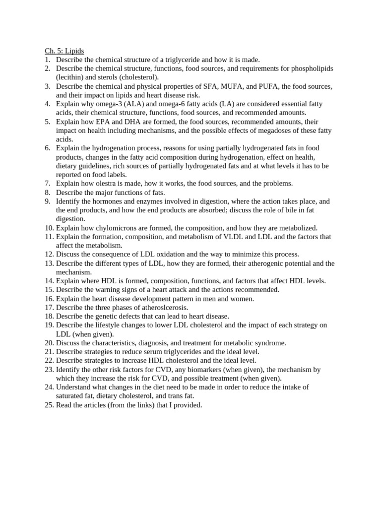 Ch. 5 Study Guide | PDF | Fat | Cholesterol