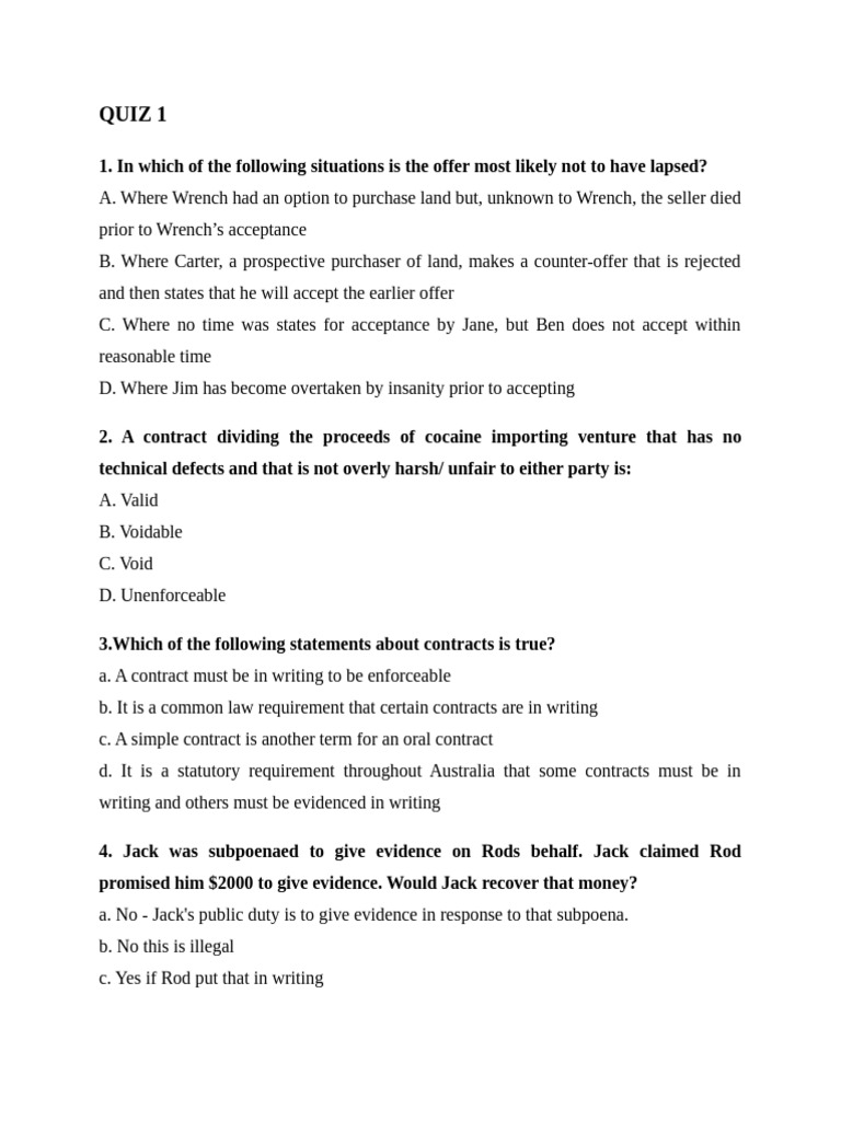 Contract Law Quiz: Key Concepts Explained | PDF | Offer And Acceptance ...