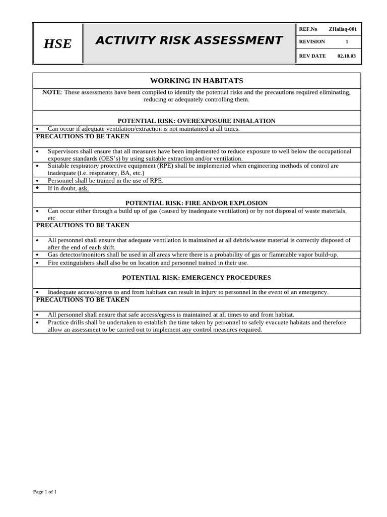 HSE Risk Assessment for Habitat Work | PDF