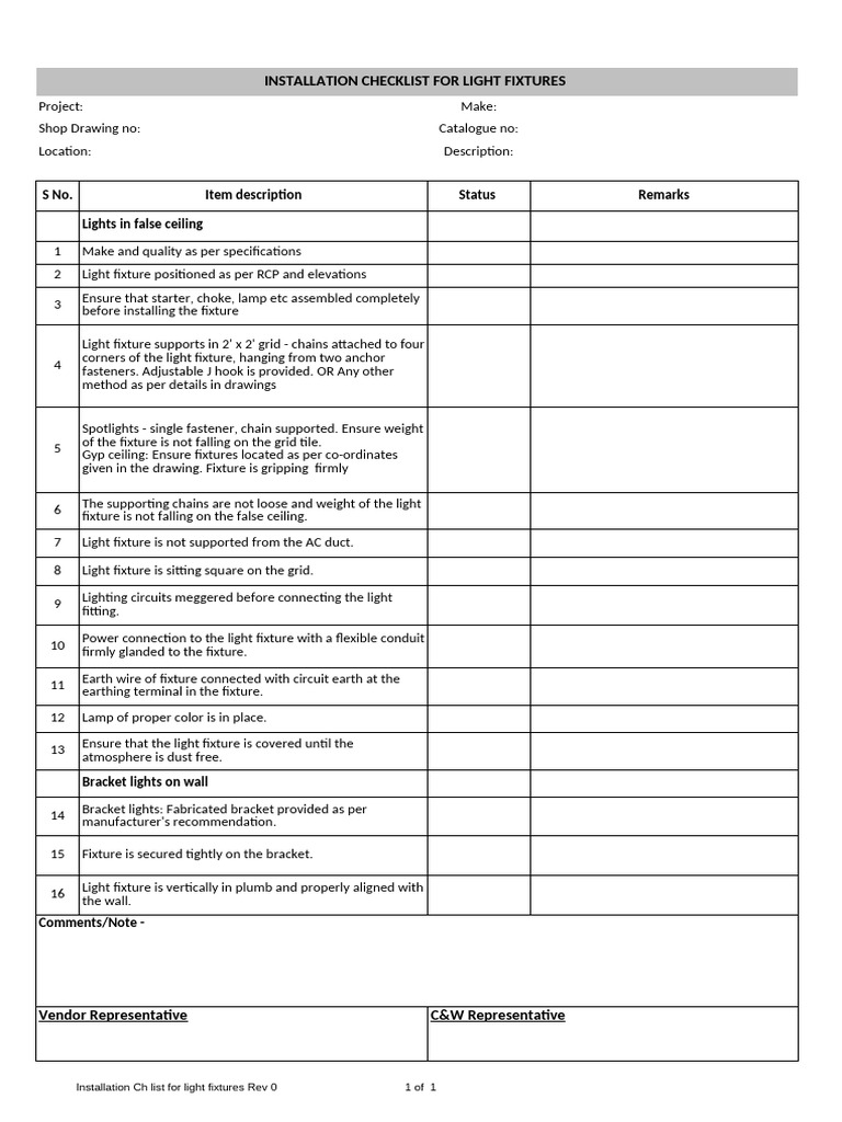 Installation ch list for light fixtures | PDF