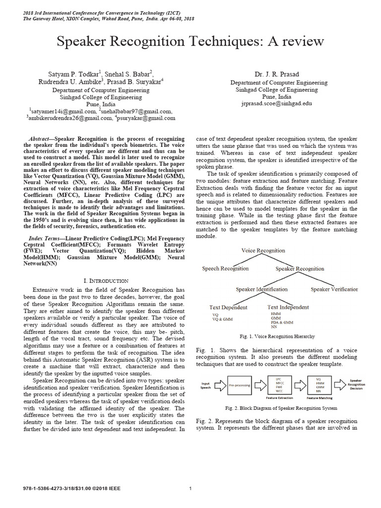Speaker Recognition Techniques Overview | PDF | Telecommunications ...