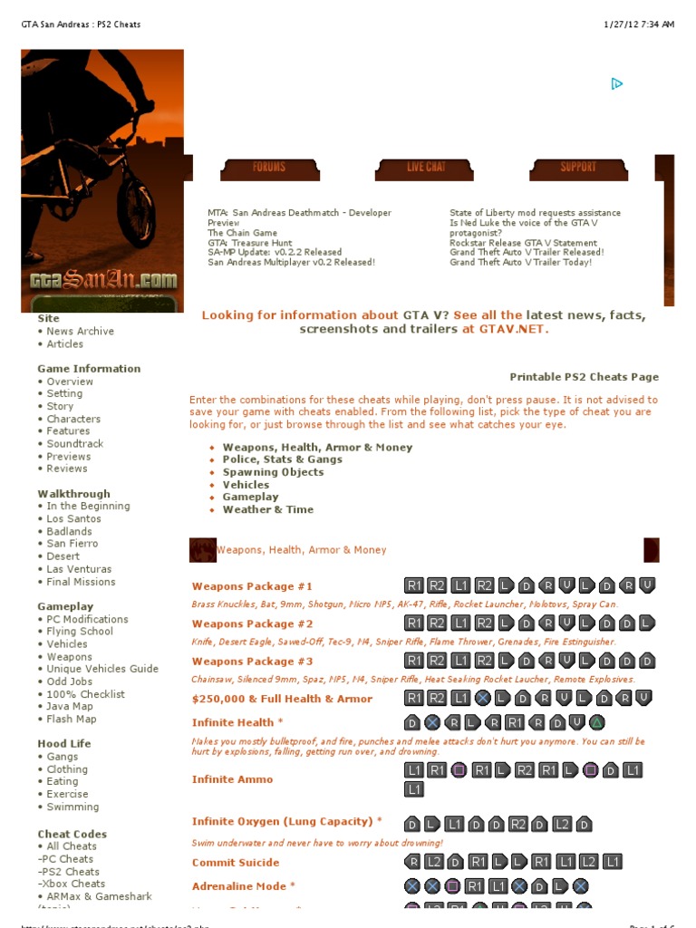 GTA San Andreas: PS2 Cheats, PDF, Leisure
