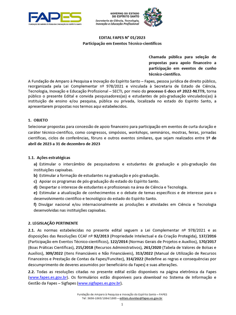 Edital FAPES 2023: Apoio a Eventos Científicos | PDF | Pós-graduação ...